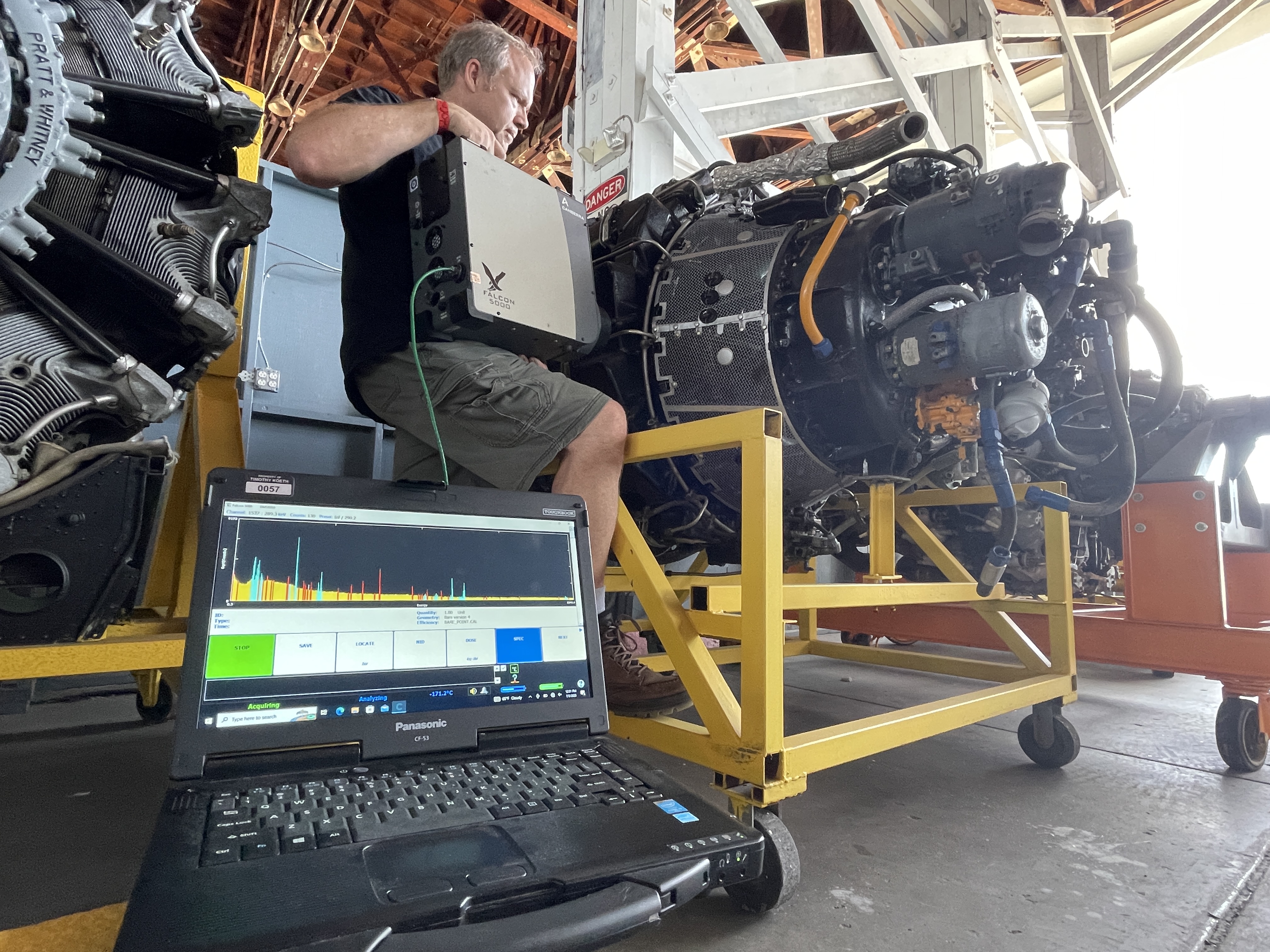 Tim identifying the radionuclide used in this engine.